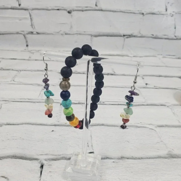 Beautiful Chakra Stones Earrings and Matching Black Lava Stone Chakra Bracelet. - Picture 10 of 15